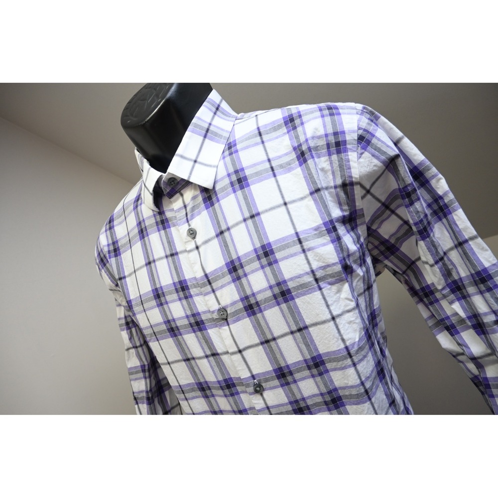 Express Button Up Dress Shirt Mens Large Purple Plaid Extra Slim Fit Excellent